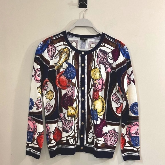 Talbots Petites Tea Party Print Classic Cardigan Sweater - Picture 2 of 16